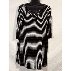 Now And Forever Black Cream Striped Knit Shift Dress Size 1X 3/4 Sleeves Tunic‎